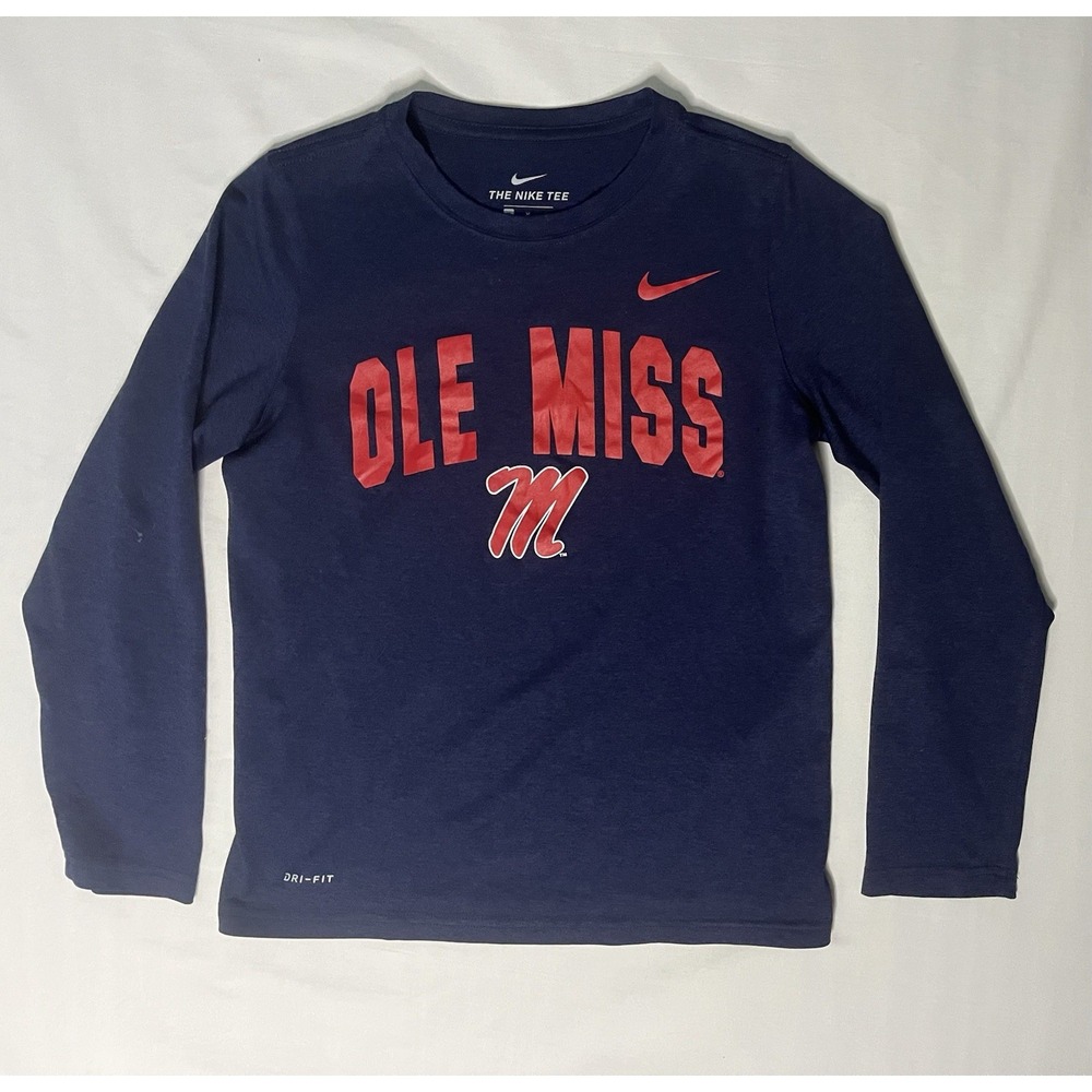 Nike Dri Fit Ole Miss Rebels Football T Shirt Boy's SZ Medium Blue Long Sleeve